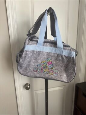 adidas Heather Gray Duffel with Light Blue Straps and Multicolor Logo